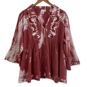 Parsley Sage Cotton Embroidered Flowers Tie-Dye Bell Sleeves Pleated Blouse 2X